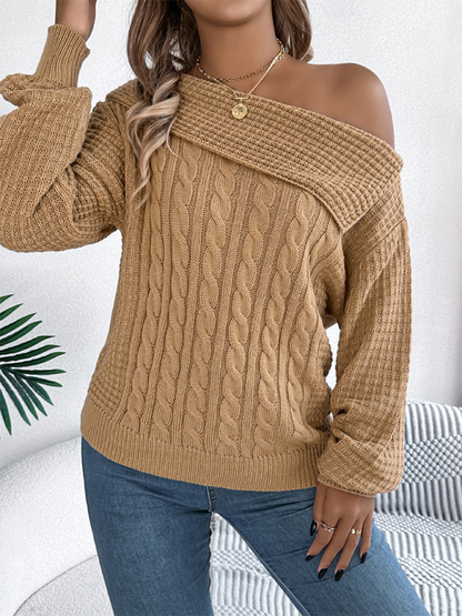 Casual Sexy Lapel Off-shoulder Cable Long Sleeve Pullover