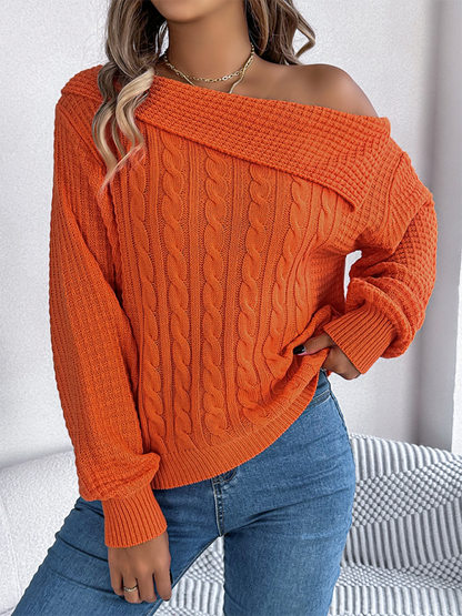 Casual Sexy Lapel Off-shoulder Cable Long Sleeve Pullover