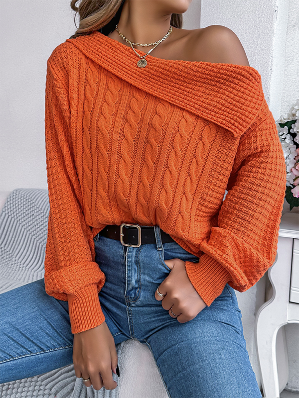 Casual Sexy Lapel Off-shoulder Cable Long Sleeve Pullover