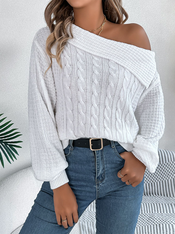 Casual Sexy Lapel Off-shoulder Cable Long Sleeve Pullover