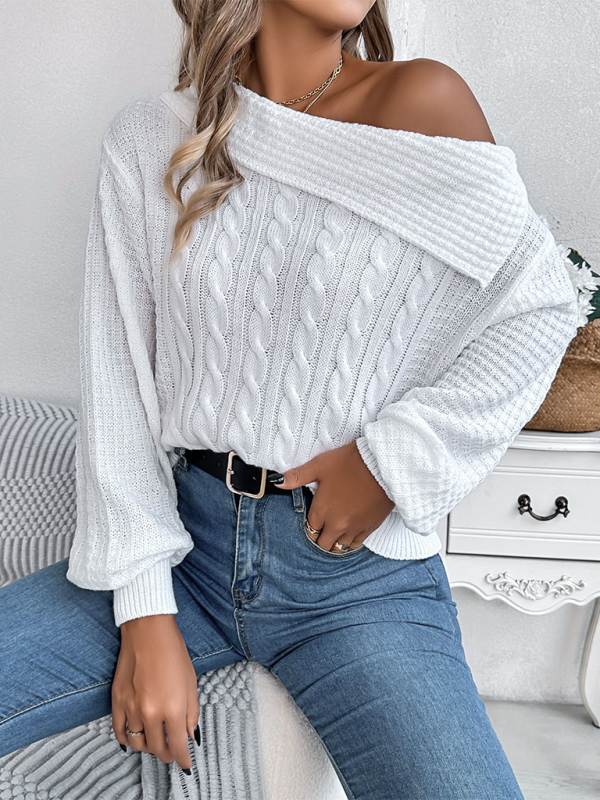 Casual Sexy Lapel Off-shoulder Cable Long Sleeve Pullover