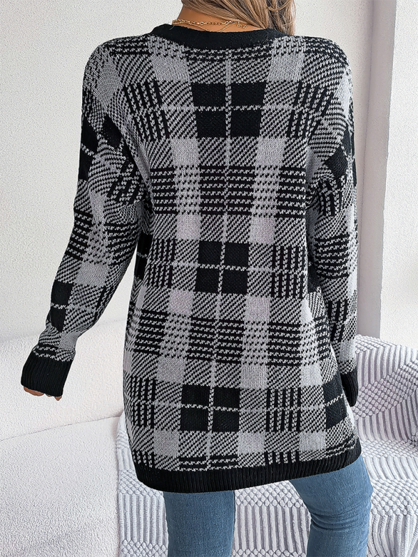 Casual Contrast Plaid Pocket Long Sleeve Cardigan Sweater Jacket Christmas