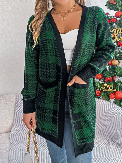 Casual Contrast Plaid Pocket Long Sleeve Cardigan Sweater Jacket Christmas