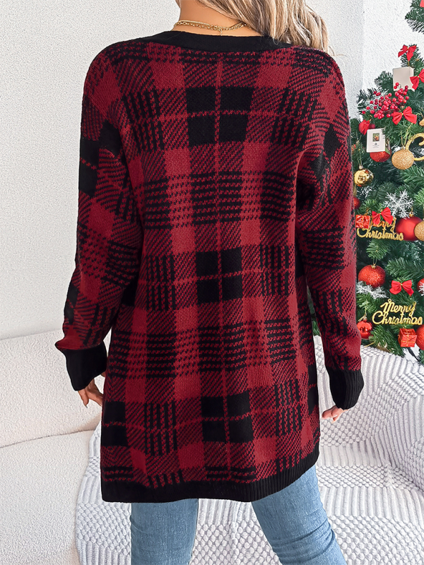 Casual Contrast Plaid Pocket Long Sleeve Cardigan Sweater Jacket Christmas