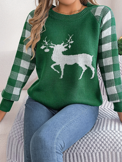 Casual Plaid Deer Long Sleeve Pullover Sweater Christmas