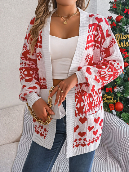 Christmas Deer Pocket Long Sleeve Cardigan Sweater Jacket