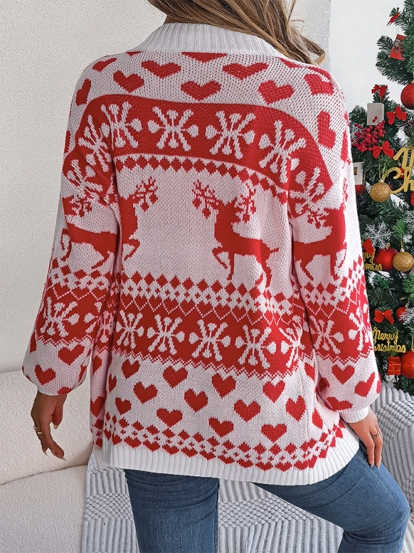 Christmas Deer Pocket Long Sleeve Cardigan Sweater Jacket