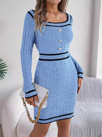 Elegant Square Neck Button Long Sleeve Sweater Hip Skirt