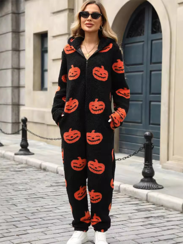 New Halloween Pumpkin Print Zipper Loose Plush Jumpsuit