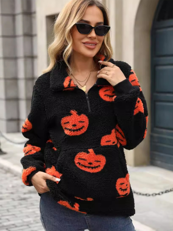 New Halloween Pumpkin Print Zipper Loose Plush Jumpsuit