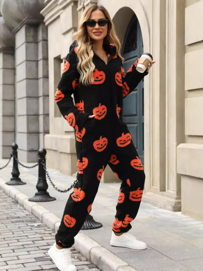 New Halloween Pumpkin Print Zipper Loose Plush Jumpsuit