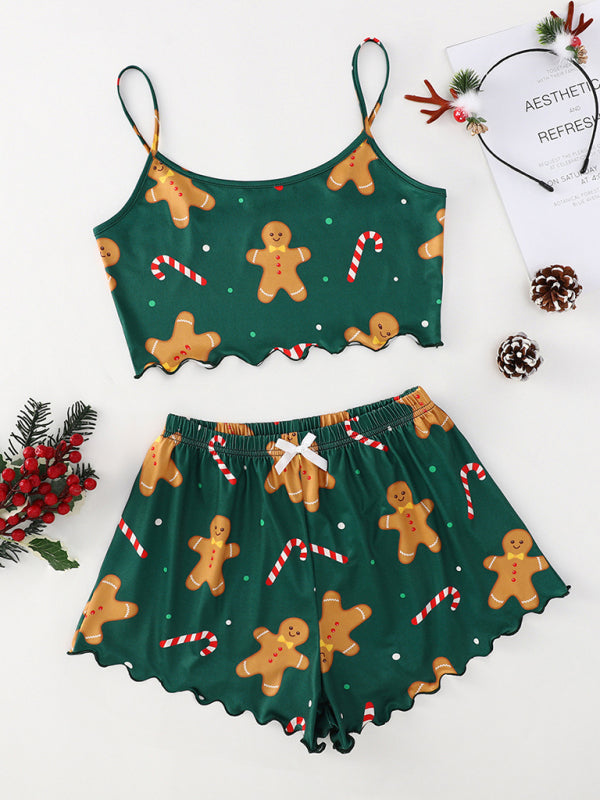 Green gingerbread print sleeveless shorts set with candy canes