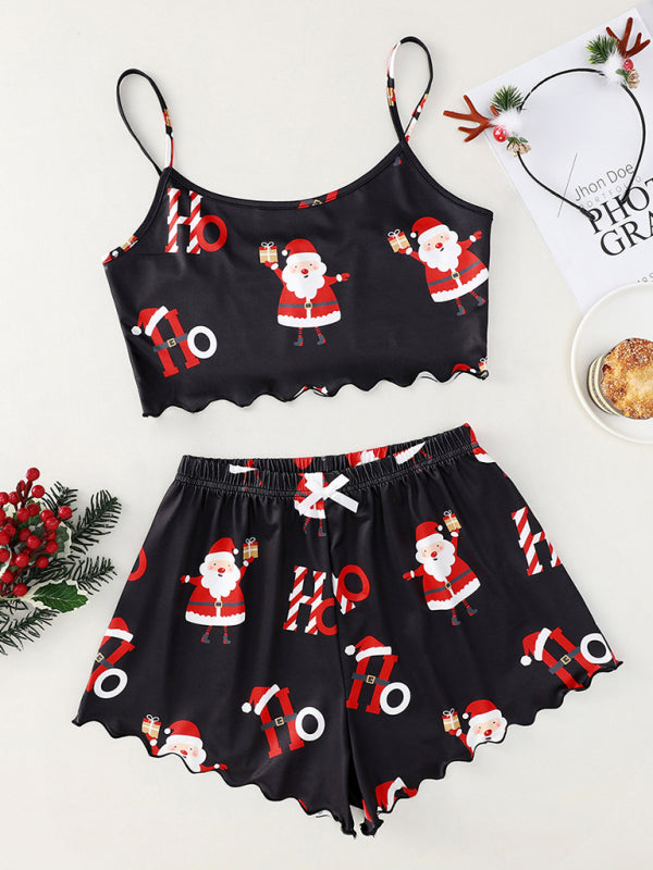 Christmas print sleeveless shorts, simple and casual two-piece home wear