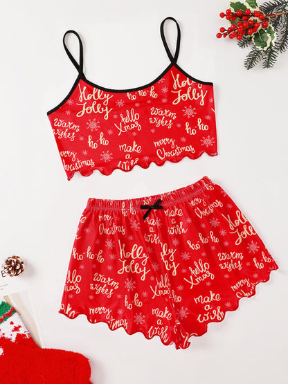 Red Christmas print sleeveless shorts set with festive text