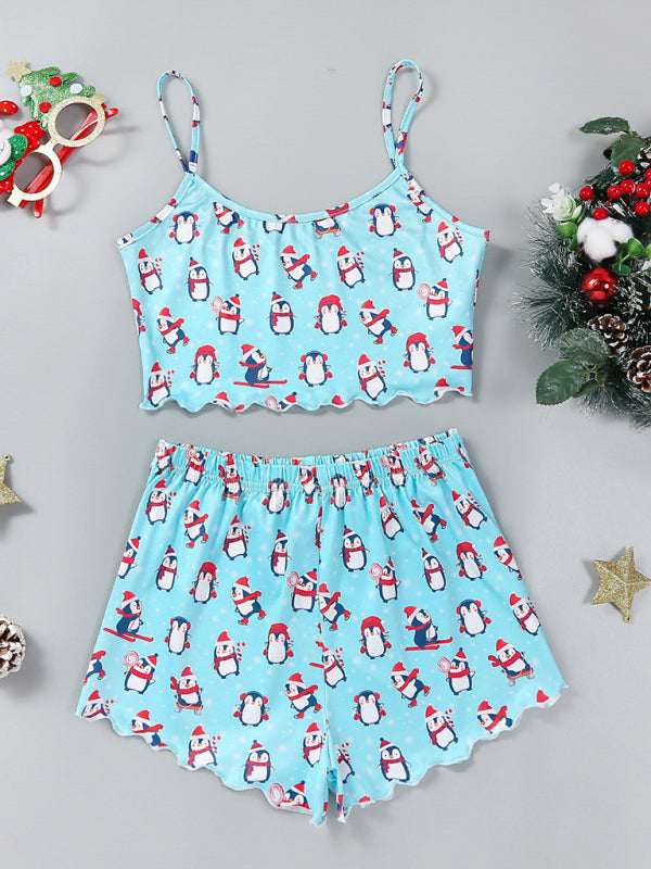 Christmas Santa Claus Elk Print Sleeveless Shorts Simple Casual Two-piece Home Clothes