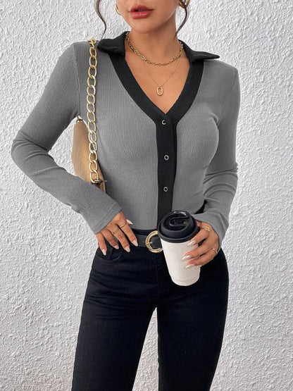 Stylish lapel contrast bodysuit with black accents