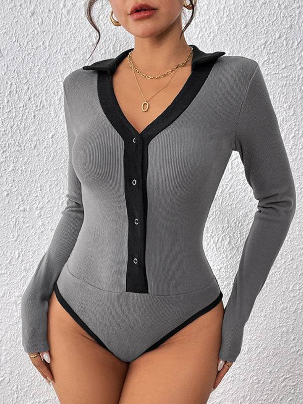 Gray bodysuit with lapel and button detail