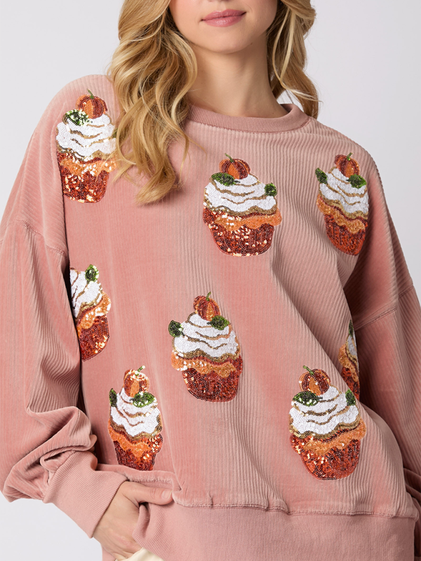 Christmas Pumpkin Cake Sequin Round Neck Loose Pullover Sweatshirt