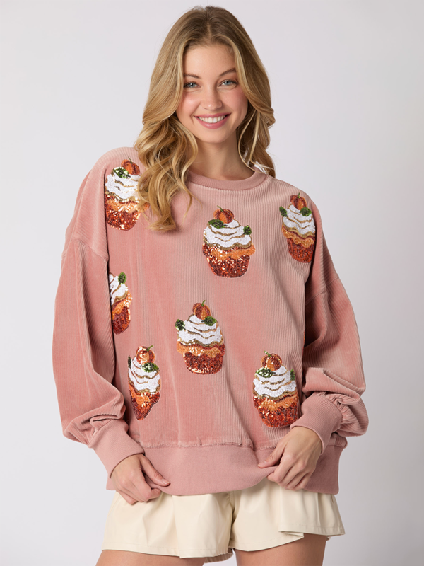 Christmas Pumpkin Cake Sequin Round Neck Loose Pullover Sweatshirt