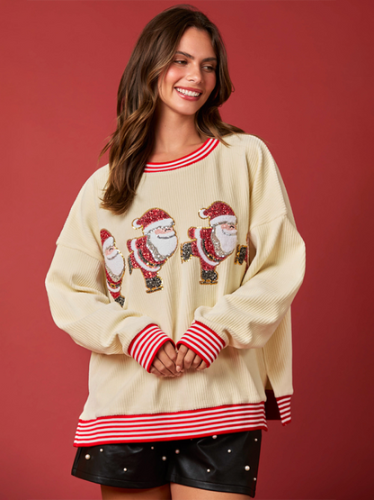 Christmas decoration sequin corduroy sweatshirt color block stripe top