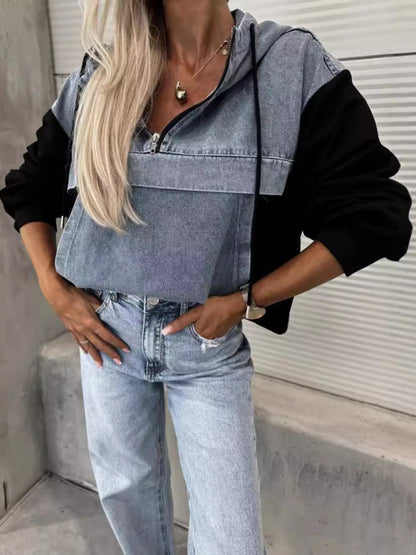 Fashion Loose Casual Washed Denim Stitching Hooded Women&