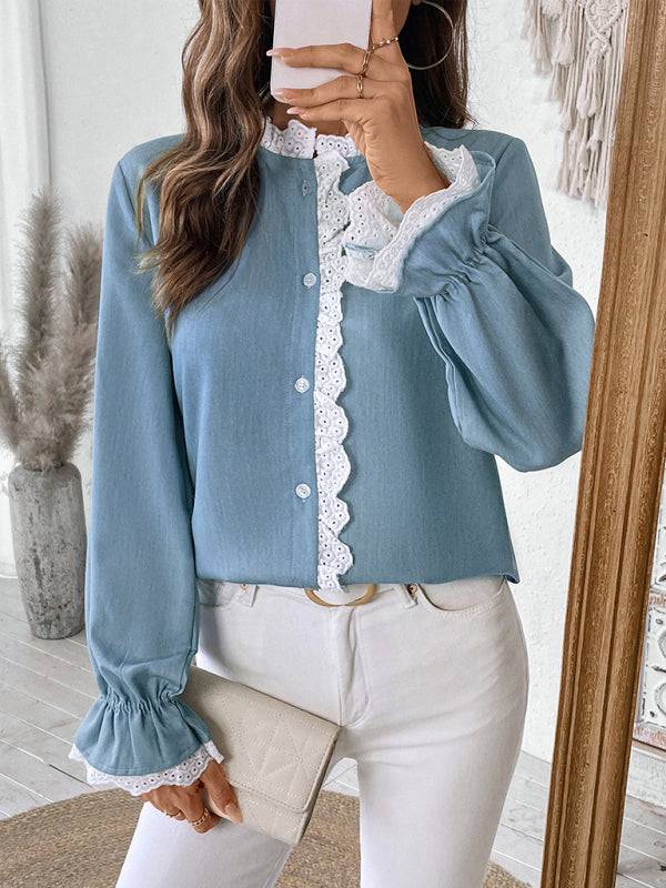 Blue long sleeve lace cardigan shirt with white trim