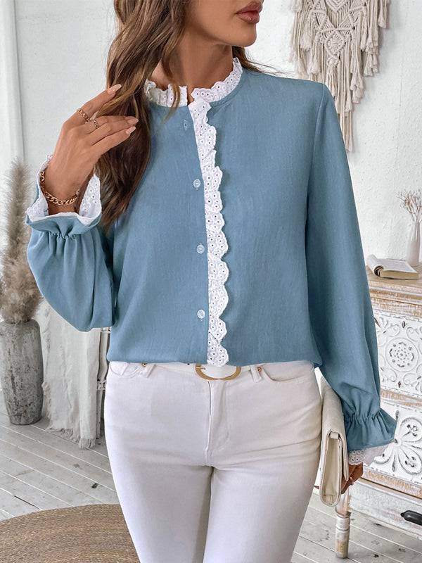 Stylish blue lace cardigan shirt with white lace accents