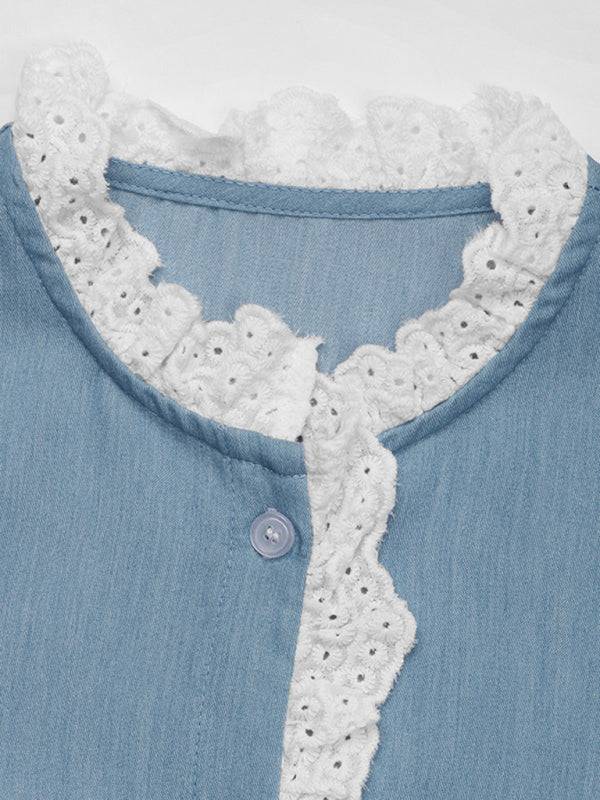 Close-up of lace trim on blue cardigan shirt