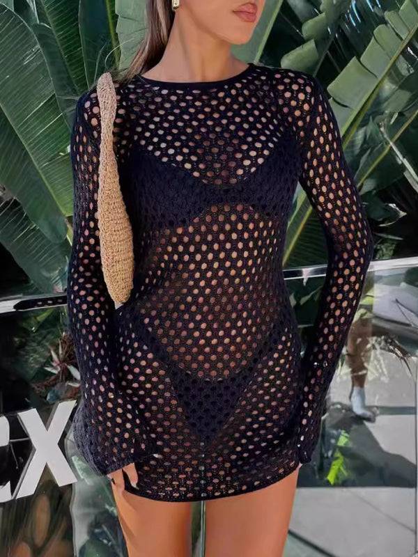 Black knitted beach dress with hollow design