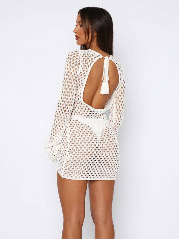 White backless knitted beach dress rear view