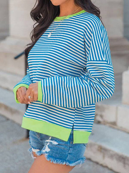 Casual blue pinstripe sweatshirt with round neck and green trim