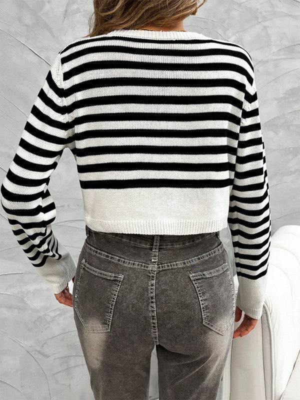 Back view of striped black and white cardigan