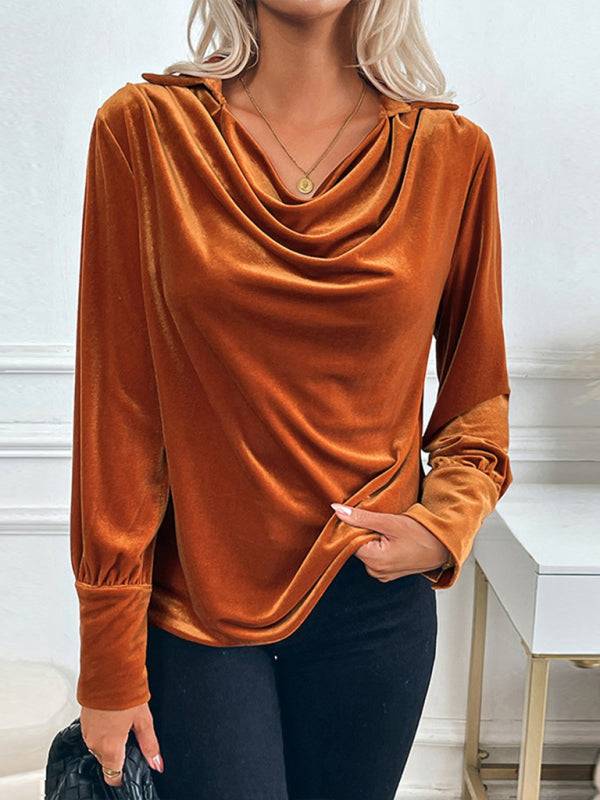 Elegant swing collar velvet blouse, side front view.