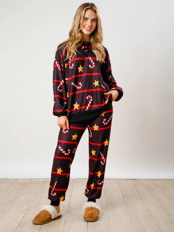 Black Christmas print two-piece set with stars and candy canes