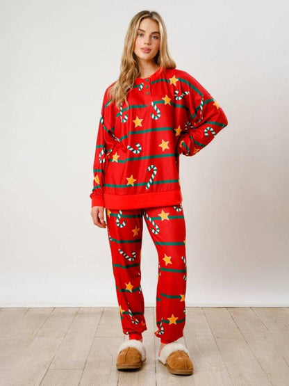 Red Christmas print two-piece set with stars and candy canes