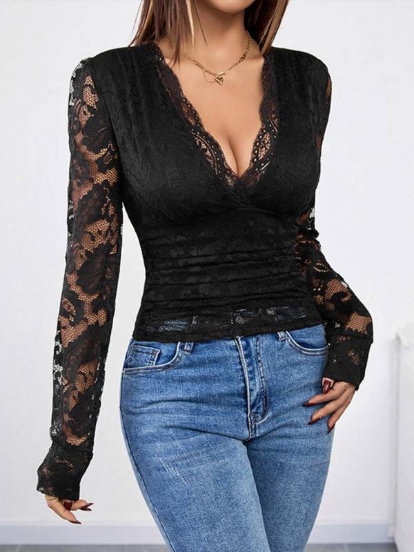 Sexy black lace top with long sleeves and jeans