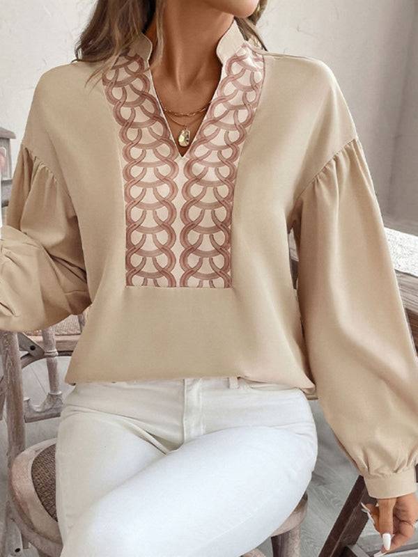 Beige ethnic style printed shirt with stand-up collar