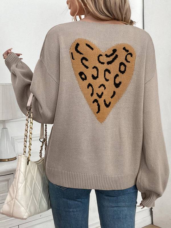 Back view of cardigan with heart leopard print design