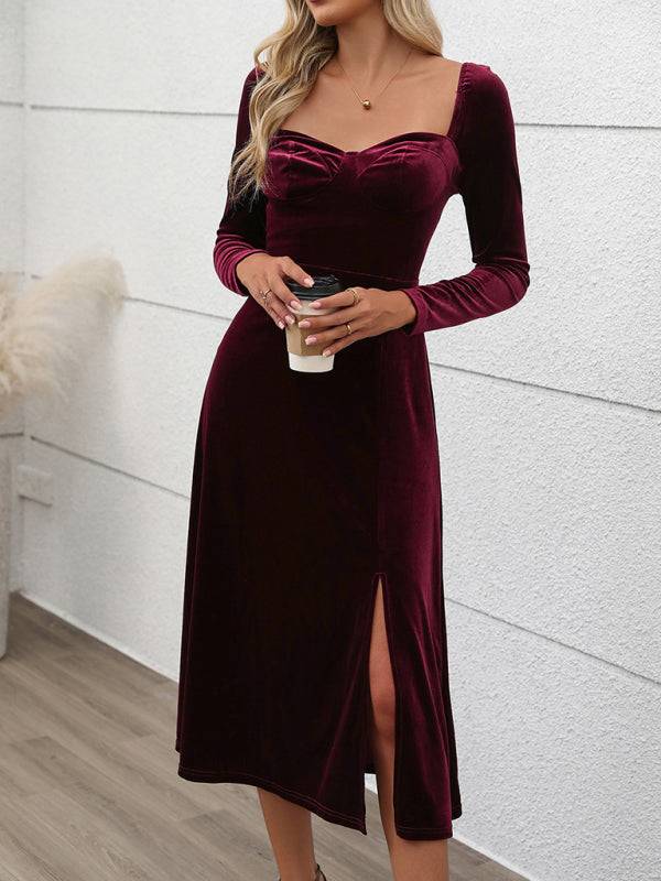 Stylish burgundy velvet maxi dress featuring a side slit