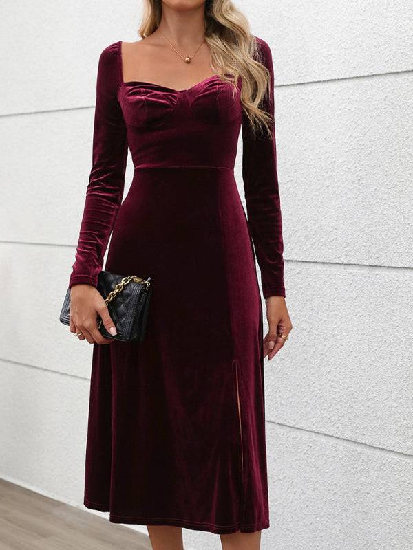 Elegant burgundy velvet maxi dress with long sleeves and slit