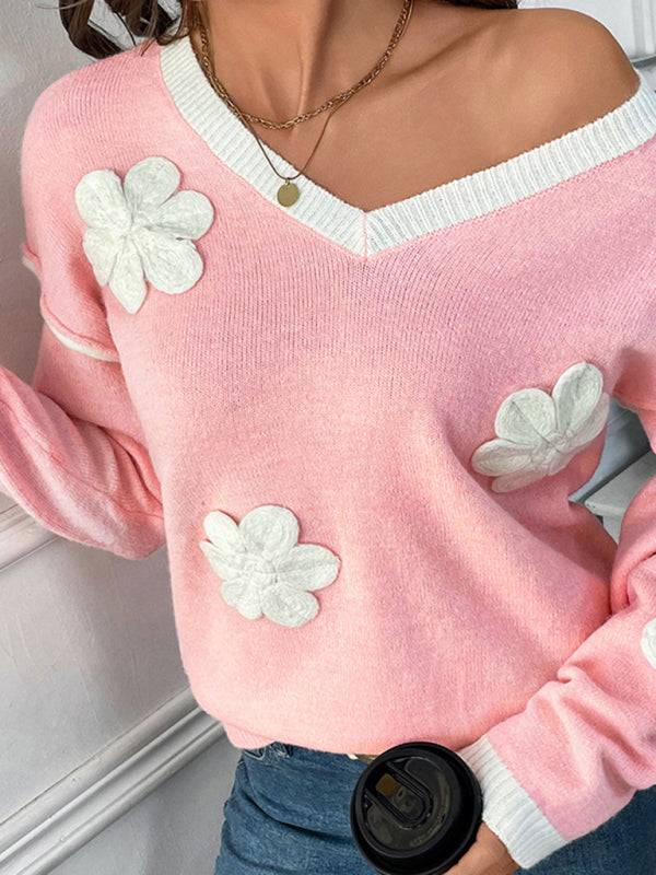 Off-shoulder pink sweater with white 3D flower appliques