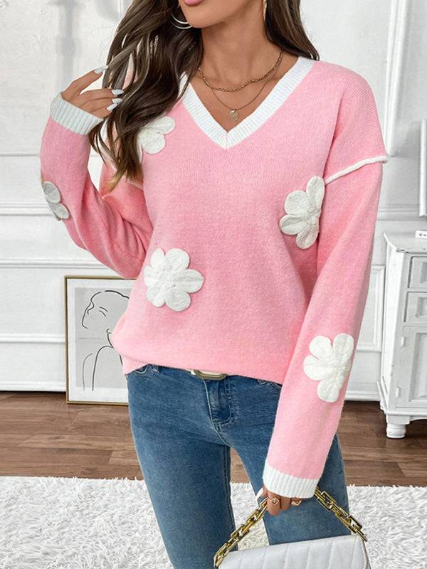 Pink V-neck sweater with 3D applique flowers, long sleeves