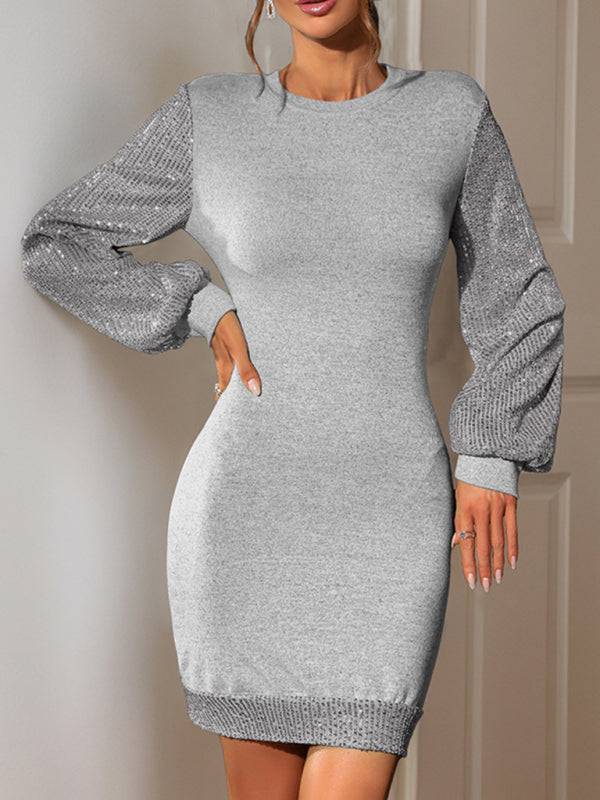 Chic gray sweater dress featuring sequin embellished sleeves