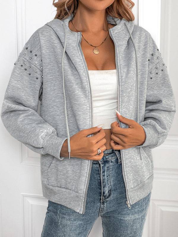 Gray hooded cardigan with rivet details, front view