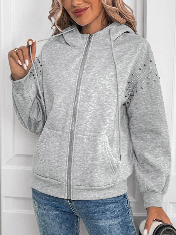 Gray hooded cardigan with rivet sleeves, casual look