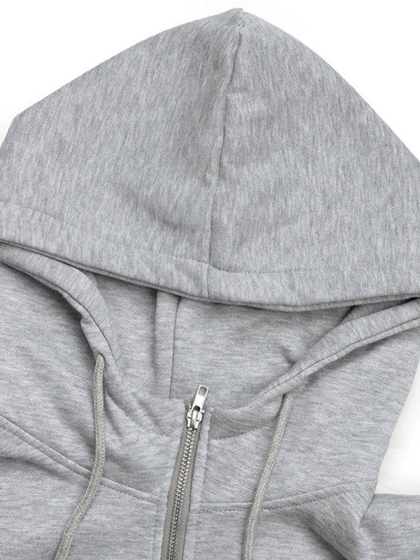 Gray hooded cardigan showing hood and zipper details