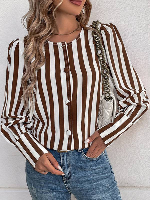 Striped contrast color long-sleeved women&