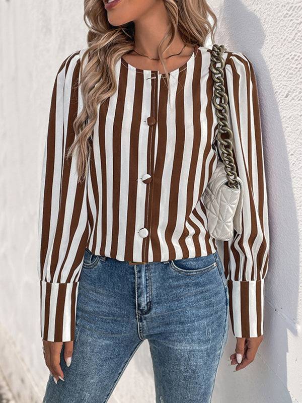 Striped contrast color shirt paired with denim jeans