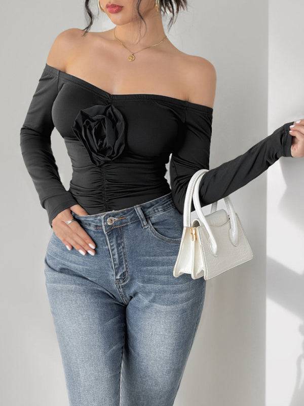 Off-shoulder sexy jumpsuit 3D flower one-shoulder slim bodysuit