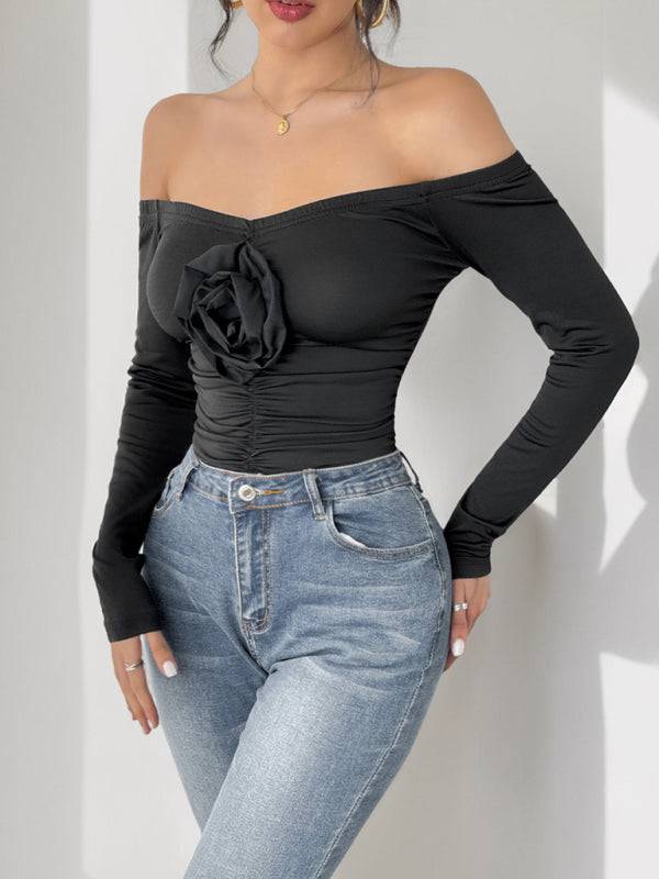 Off-shoulder sexy jumpsuit 3D flower one-shoulder slim bodysuit